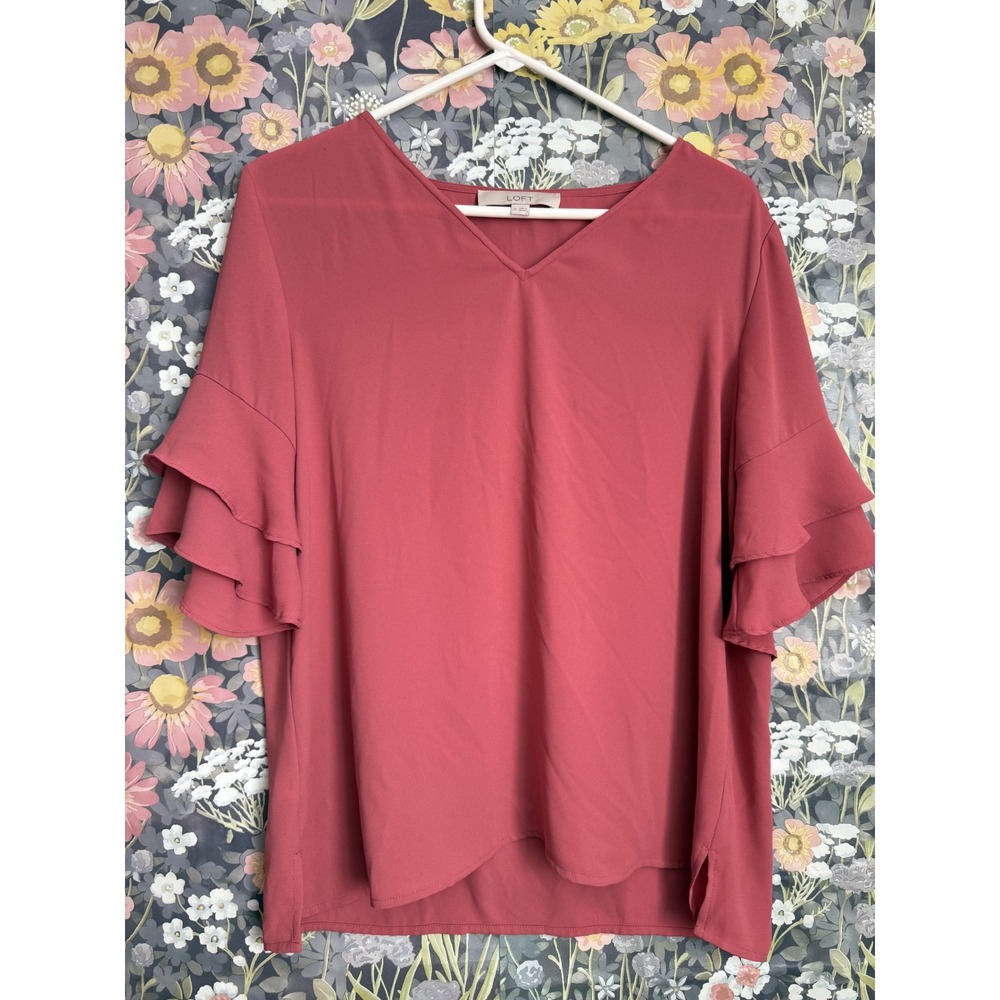 LOFT Women's Red V‎ Neck Layered Flutter Sleeve Top Size Medium
